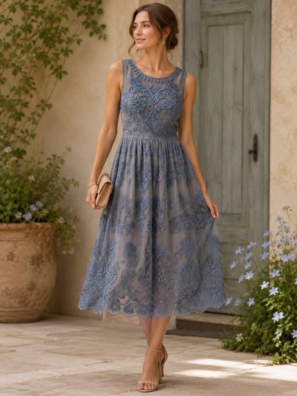 Sundance Love At First Sight Embroidered Mesh Midi Dress Blue Gray Size 8 Boho